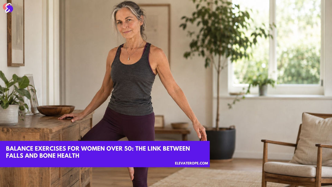 Confident woman over 50 practising a single-leg balance exercise at home