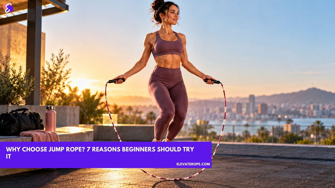 Woman jumping rope with a pink and white Elevate Rope beaded jump rope on a rooftop at sunset, demonstrating cardio exercise for beginners.