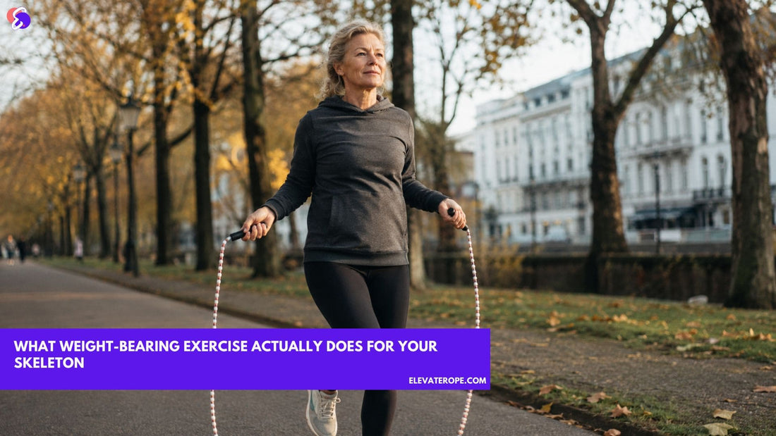 Woman over 50 doing weight-bearing exercise with a beaded jump rope for bone health