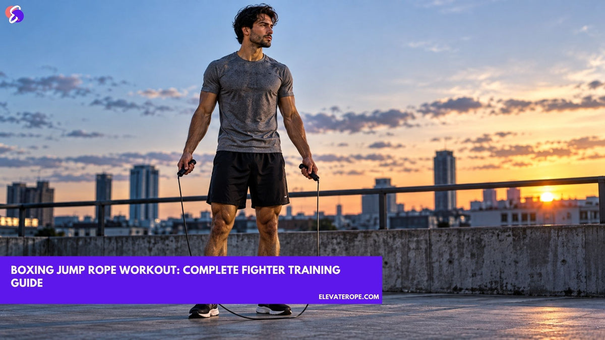 Athlete holding a boxing jump rope on an urban rooftop at sunset before a workout