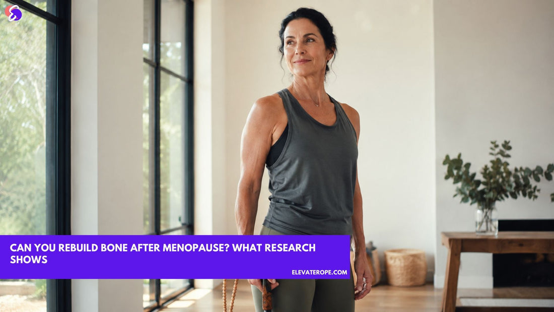  Woman in her early 50s holding a beaded jump rope at home, calm and confident about bone health after menopause