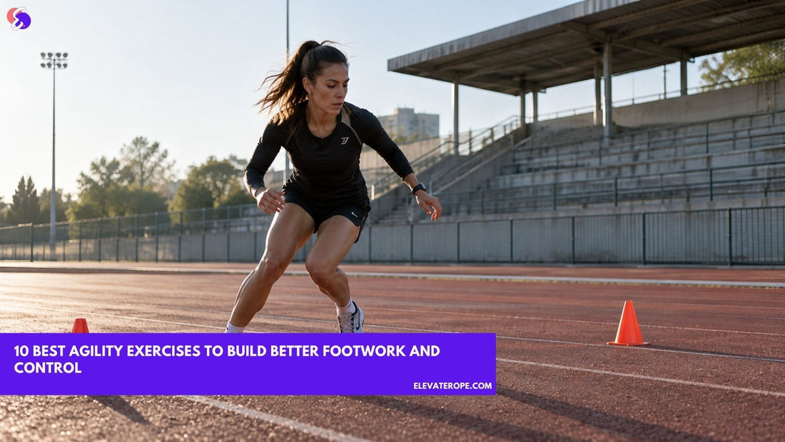 Female athlete performing lateral shuffle agility exercises between orange cones on an outdoor running track