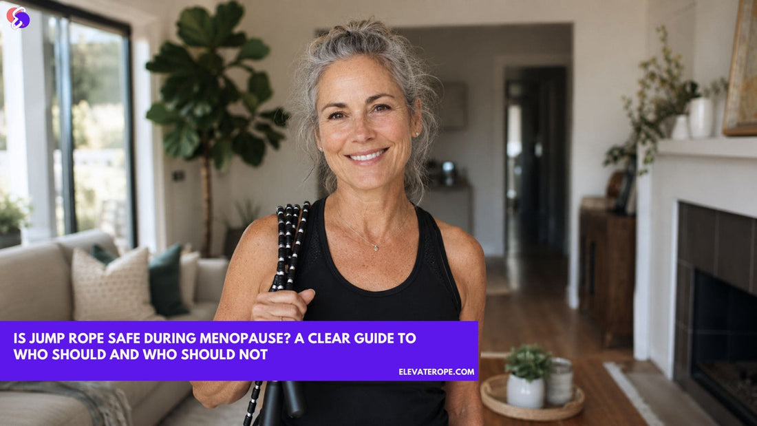 Woman in her late fifties holding a beaded jump rope, smiling calmly at home