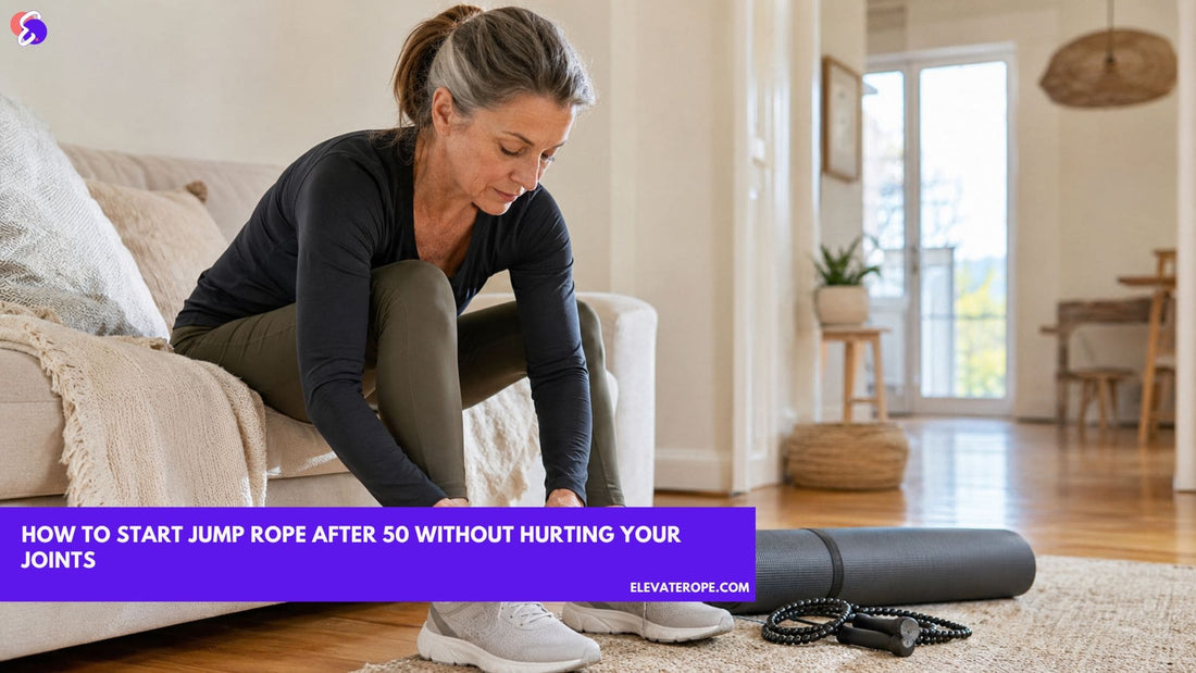 Woman over 50 lacing trainers beside a mat and beaded jump rope before starting