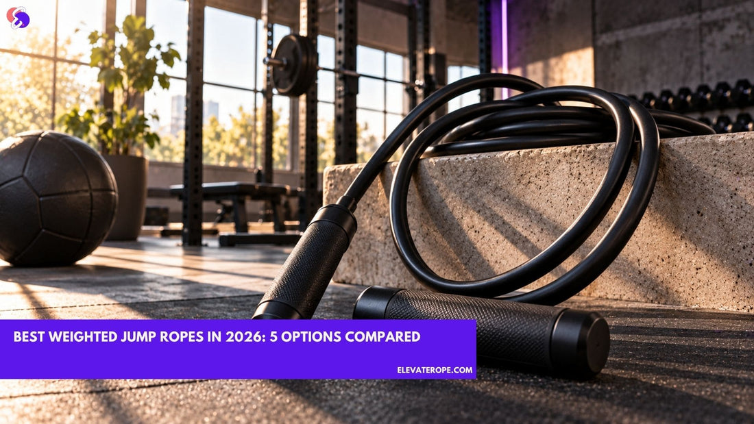 Black heavy weighted jump rope with textured handles resting on a concrete gym block