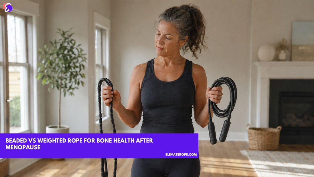 Woman over 50 comparing a beaded jump rope 
