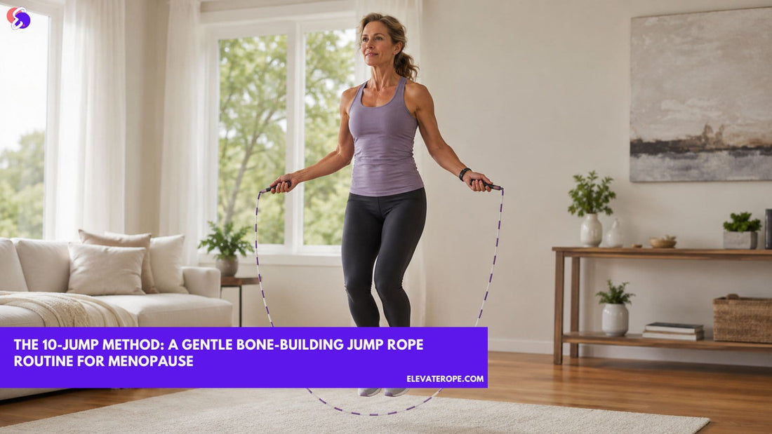 Woman over 50 doing a gentle controlled jump rope hop for bone health