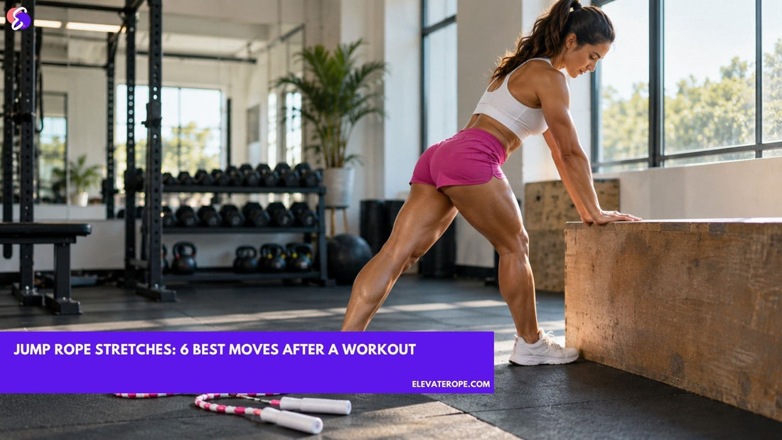 Woman demonstrating jump rope stretches with a standing calf stretch beside an Elevate Rope beaded rope in a gym.