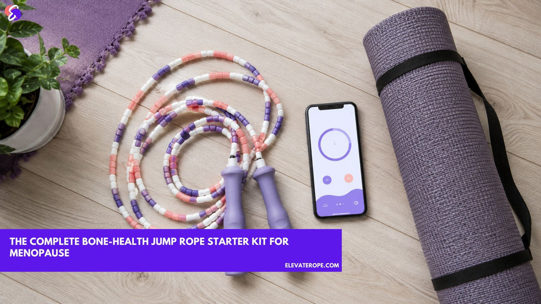 Beaded jump rope, mat, and app forming a bone-health starter kit