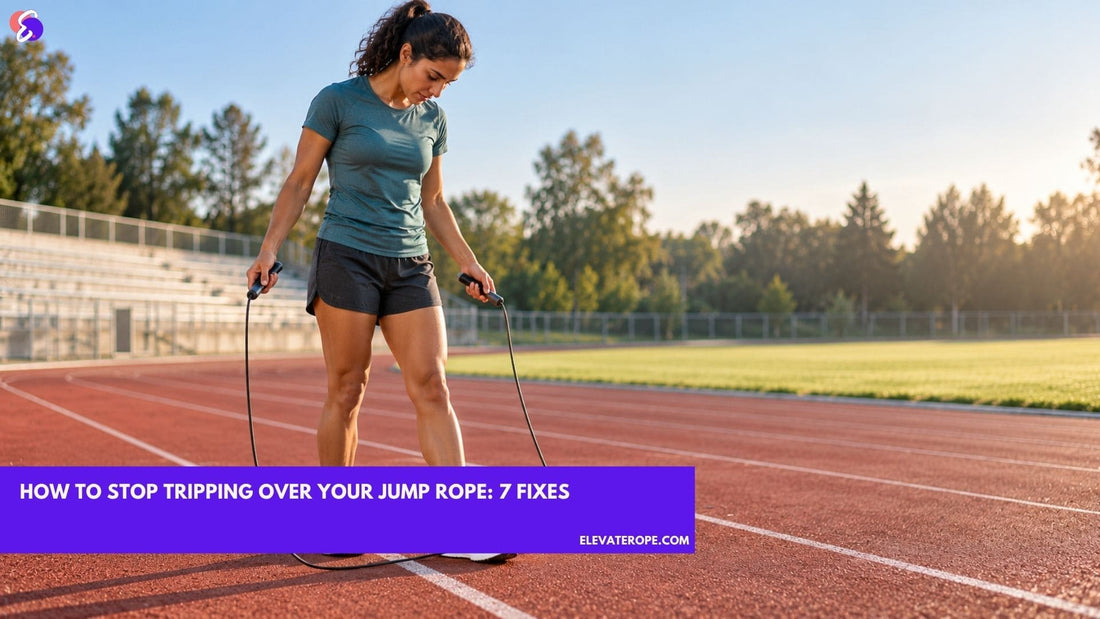 Beginner resetting after catching her jump rope on an outdoor athletics track