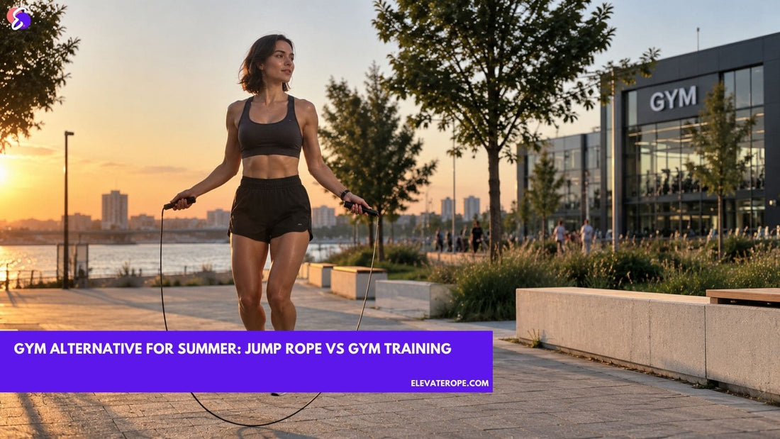 Woman jumping rope outdoors at sunset near a gym, showing a flexible gym alternative for summer fitness.