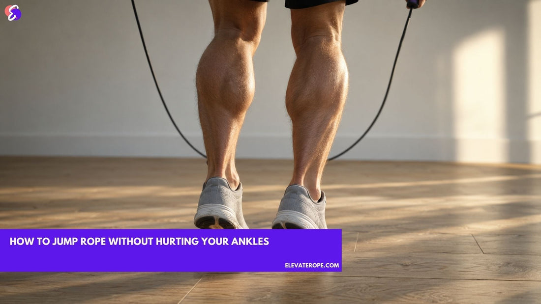 Rear view of loaded calves landing on a wooden floor with both heels hovering clear, the jump rope cable rising behind the legs.
