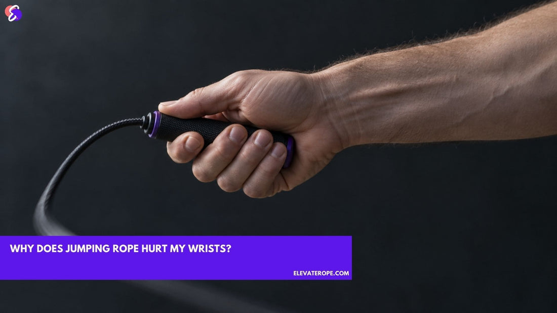 Close-up of a relaxed grip on a short jump rope handle with the wrist cocked mid-flick, the cable blurring into an arc.