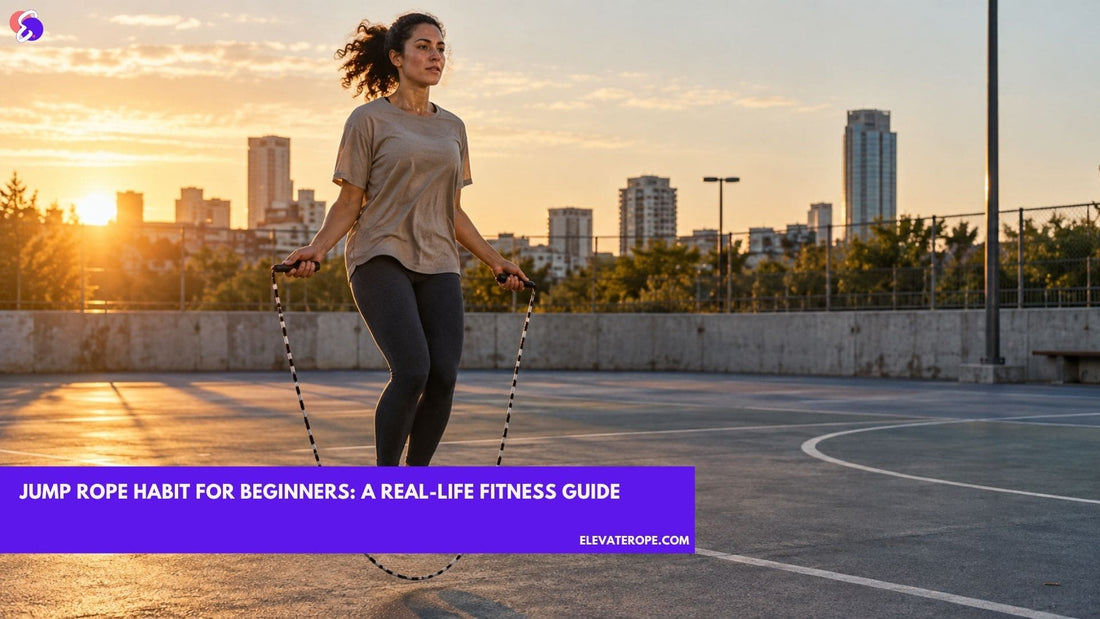 Beginner practising a jump rope basic bounce on an outdoor court at sunset.