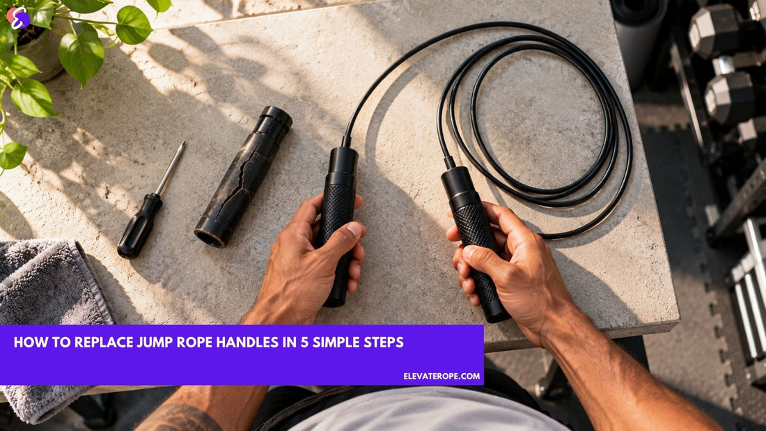New replacement jump rope handles beside a worn handle on a work surface.