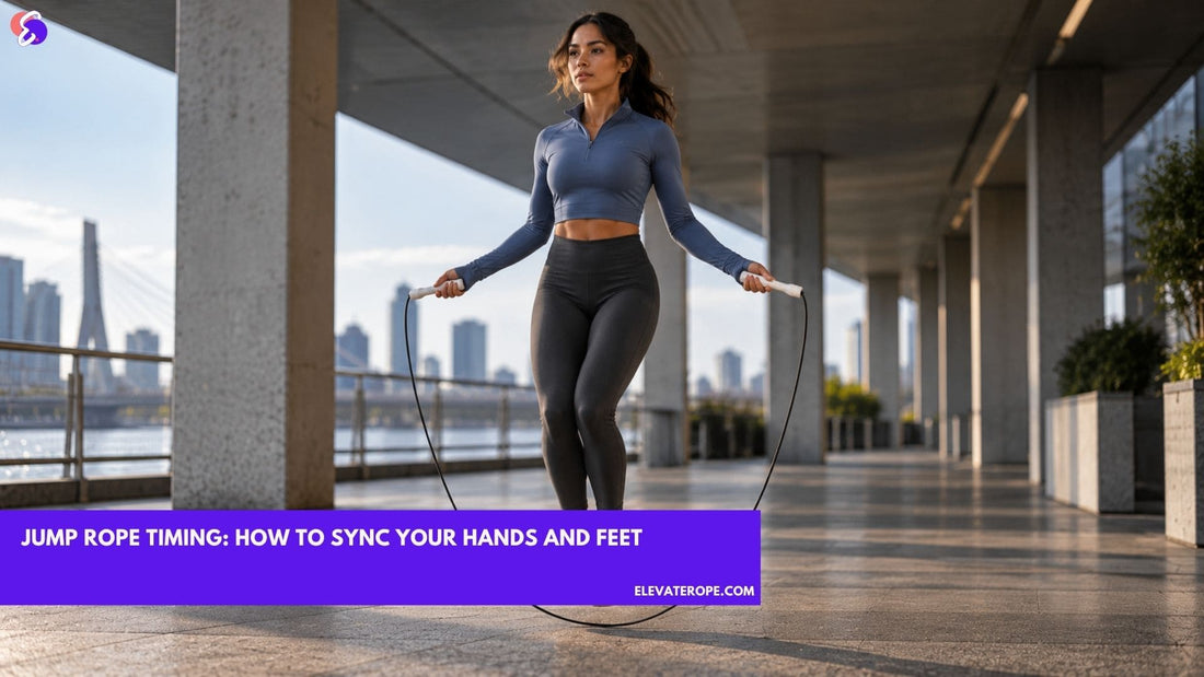 Woman practising jump rope timing with a low basic bounce and controlled hand position.