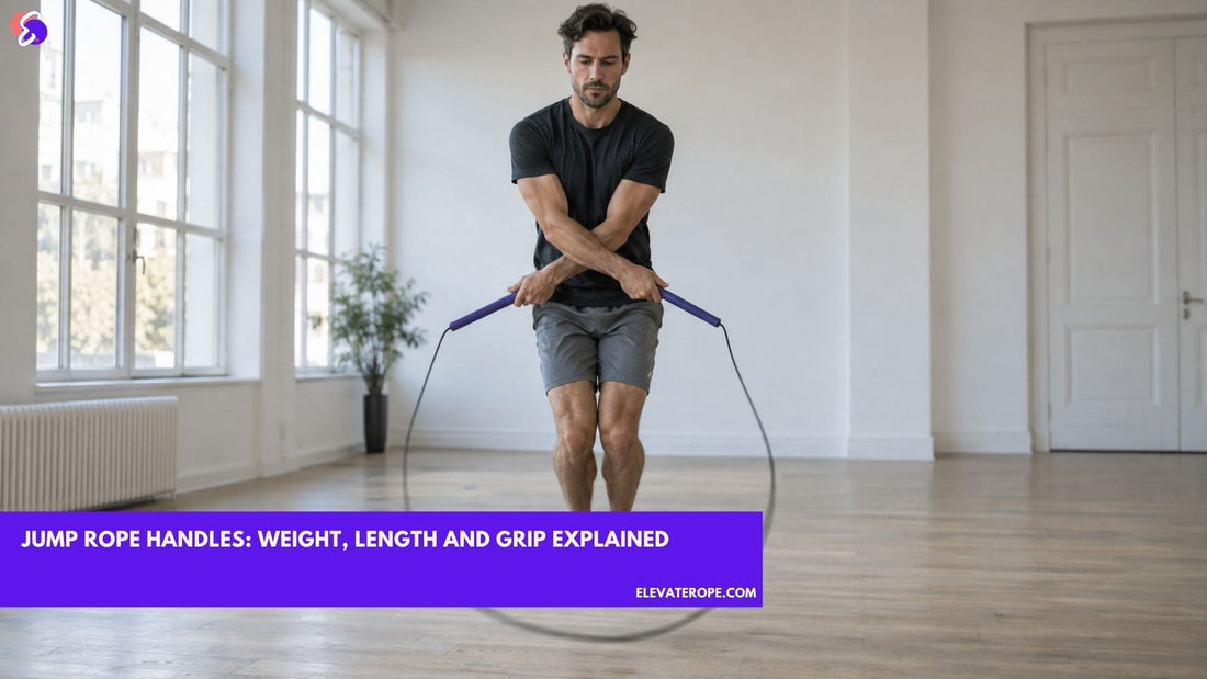 Jumper mid-crossover gripping long 20cm jump rope handles, the extra handle length opening the cable into a wide arc.