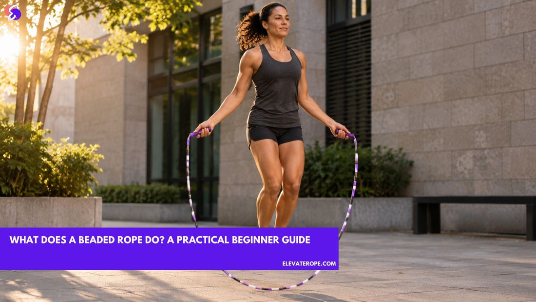Woman practising a low basic bounce with a beaded rope in a sunlit urban courtyard.