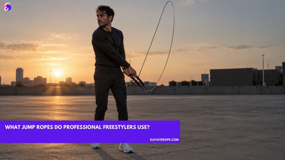 Freestyle jumper mid side swing on a concrete plaza at dusk, both hands together on long handles with the rope looping beside the hip.