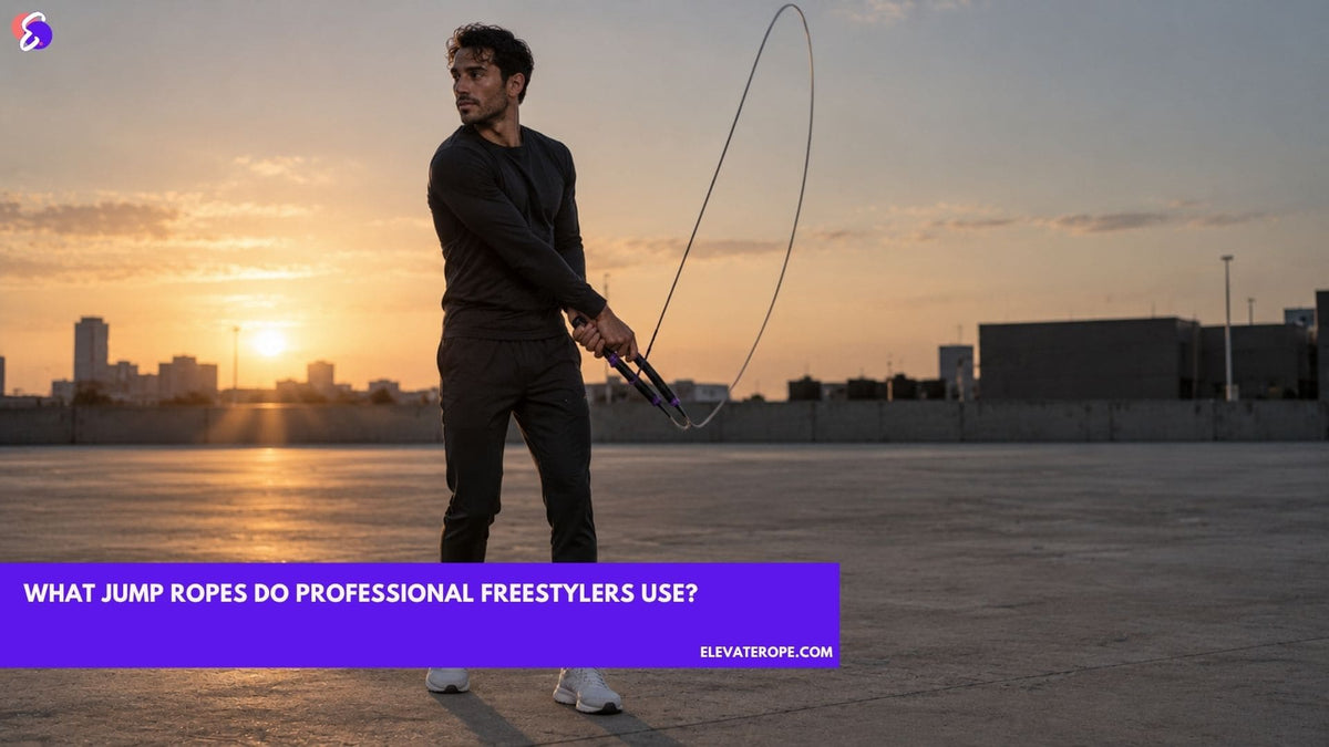 Freestyle jumper mid side swing on a concrete plaza at dusk, both hands together on long handles with the rope looping beside the hip.