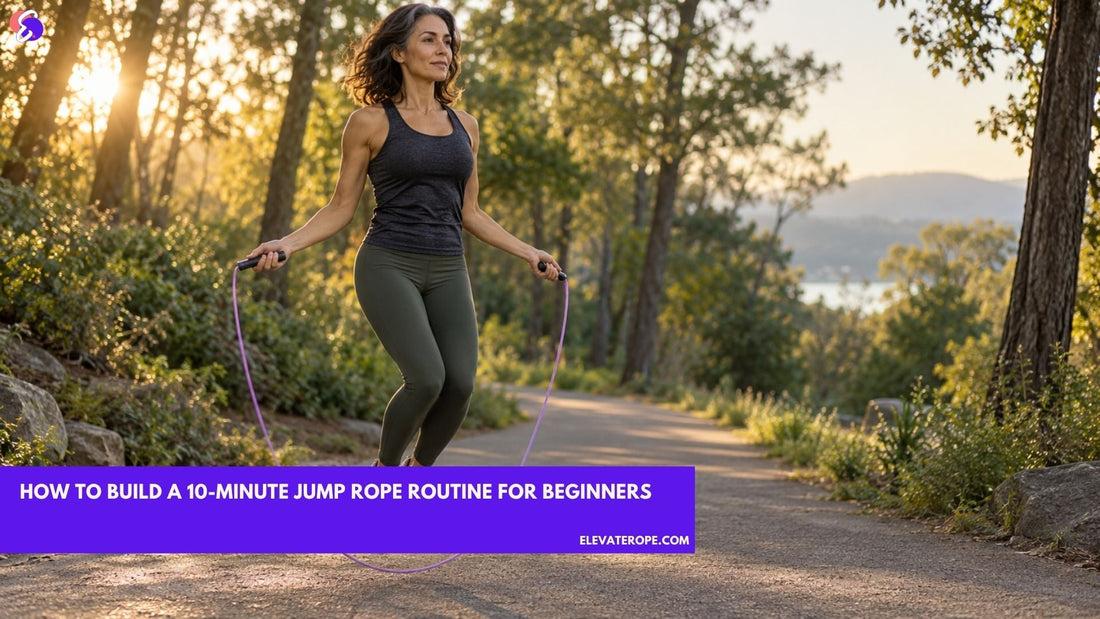 Woman practising a controlled basic bounce with a jump rope on a sunlit nature trail.