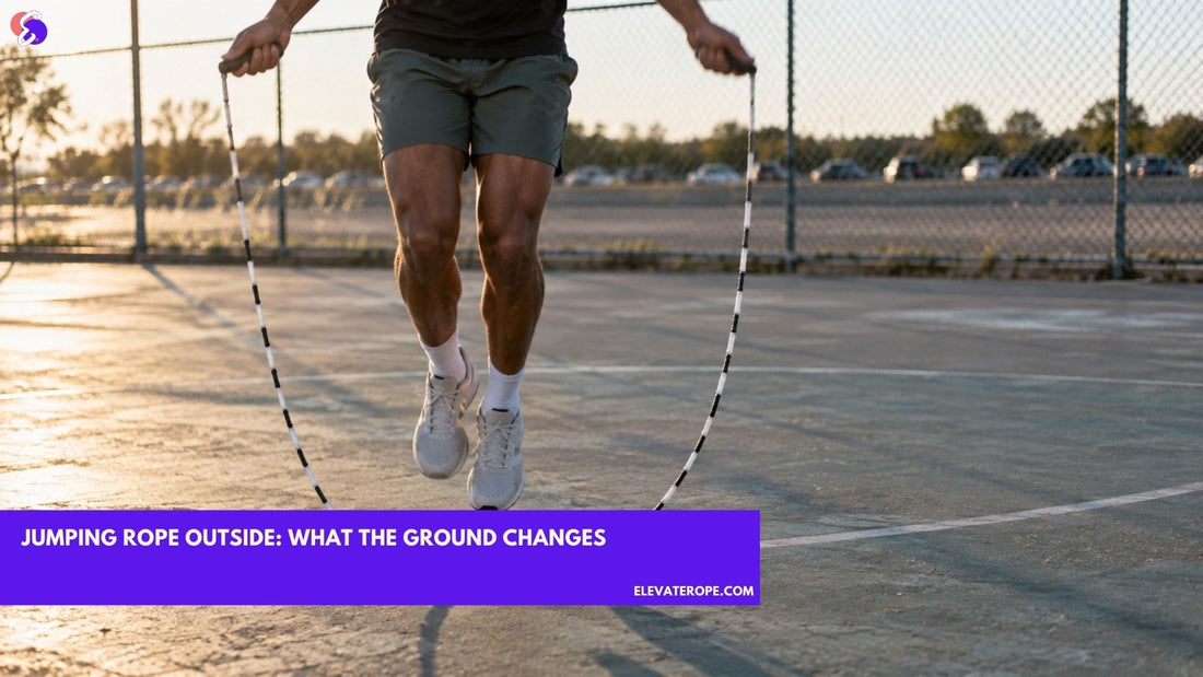 A person jumping rope on an outdoor painted sports court in late afternoon sun, the beaded rope caught at the bottom of its arc just above the court surface.