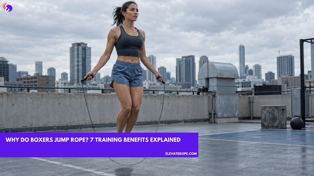 Female boxer practising jump rope footwork on an urban rooftop training court.