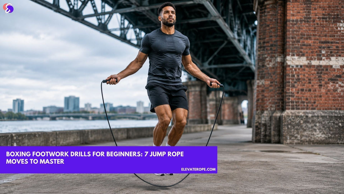 Male boxer performing a jump rope boxer step beneath an industrial bridge during outdoor footwork training.