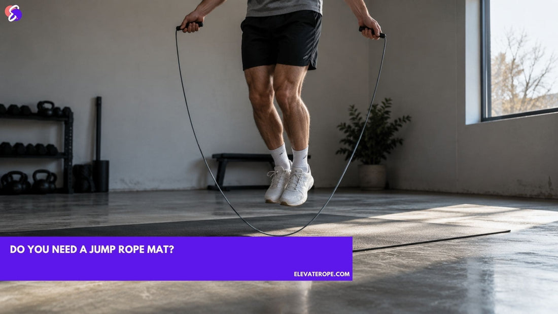 A person jumping rope on a single rubber mat laid on a bare concrete floor in a home training space, with the mat edge and surrounding concrete both visible.