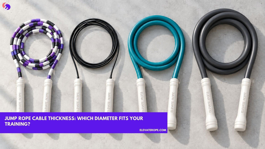 Four Elevate Rope jump ropes with white branded handles, comparing beaded, speed, 7mm weighted and 10mm heavy cable thickness.