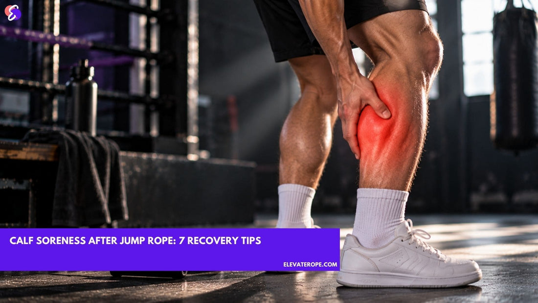 Athlete holding a sore calf after jump rope training, with a beaded jump rope on the gym floor.