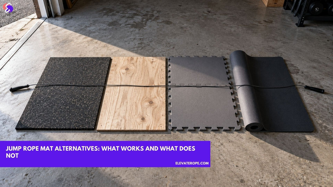 Four flooring materials laid side by side on a concrete garage floor, a rubber sheet, plywood, interlocking foam tiles and a rolled yoga mat, with a jump rope laid straight across all of them.