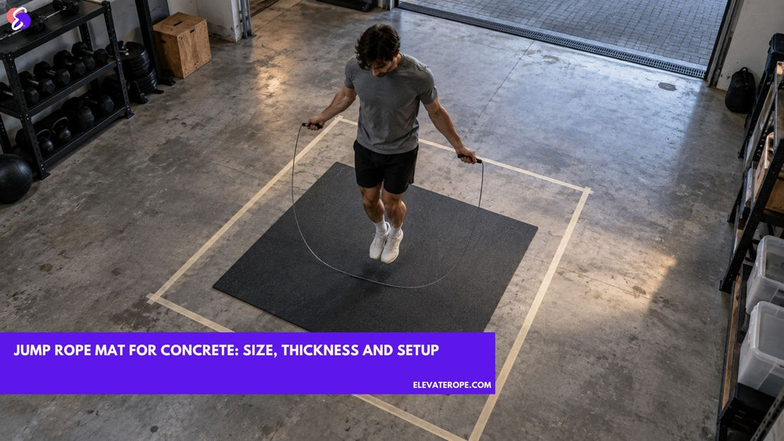 Overhead angled view of a rubber jump rope mat inside a two by two metre taped square on a concrete garage floor, with a person mid-hop and the rope arc at its widest reaching the mat edge.