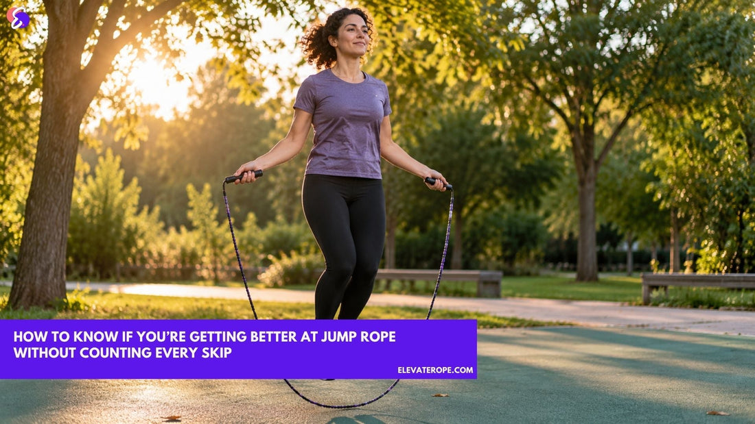 Woman practising a controlled jump rope bounce in a green park during golden hour
