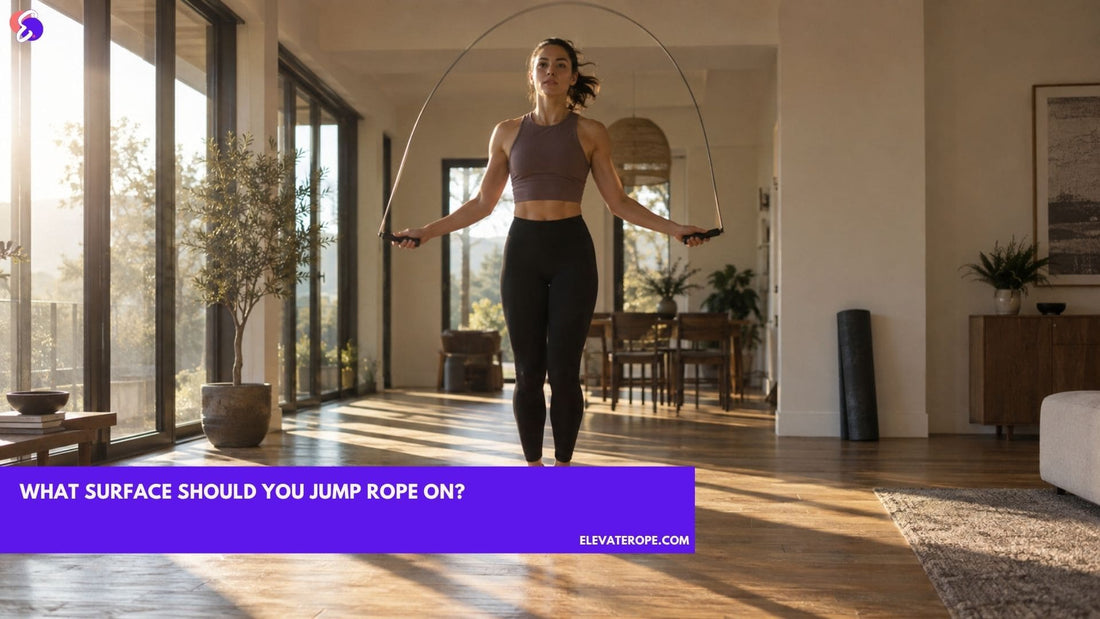 A person jumping rope on a sprung hardwood floor in a sunlit room, with a rolled rubber mat against the wall and the edge of a low-pile rug in the foreground.