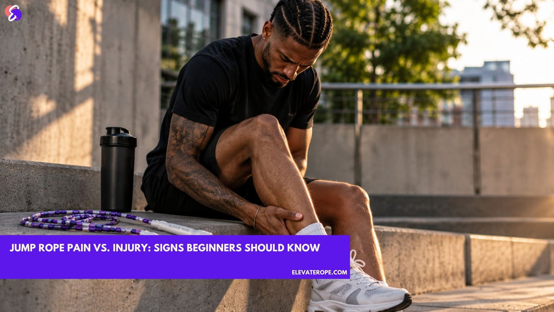 Man holding his lower leg after jump rope training, with white Elevate Rope handles and a purple beaded rope beside him