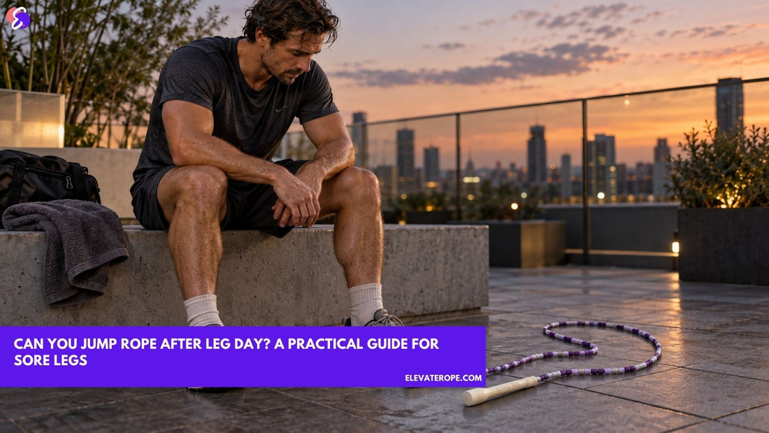 Man resting after leg day beside a purple Elevate jump rope with white branded handles on a rooftop terrace