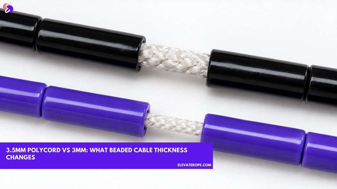 Macro comparison of two beaded jump ropes on white, each with a bead slid aside to reveal braided polycord of a different thickness.
