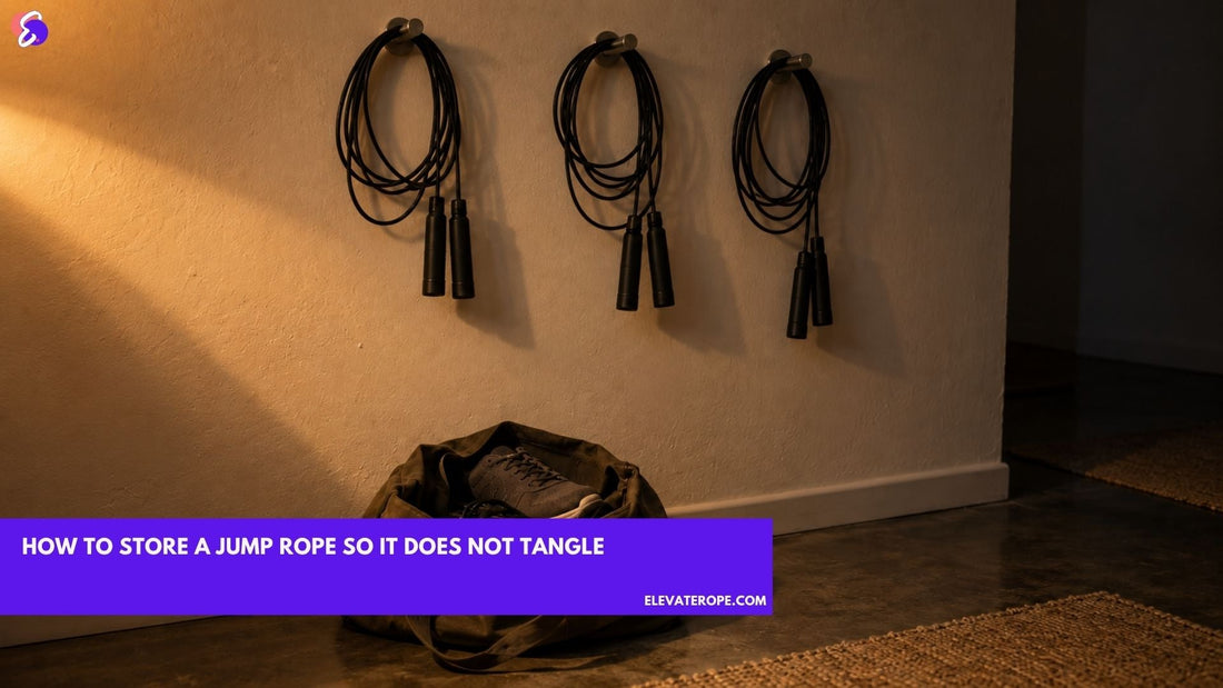 Three jump ropes hanging in loose coils from wall pegs in a home gym at night, with a fourth rope crumpled in an open gym bag on the floor below.