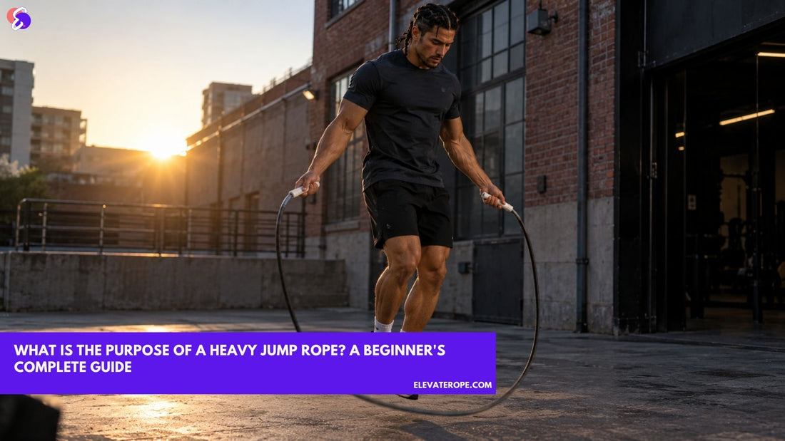 Athletic man jumping with a heavy Elevate Rope featuring slim white handles in an industrial courtyard at sunset