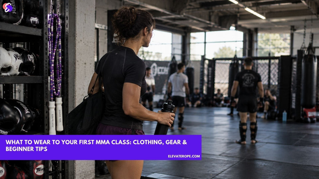 Woman preparing for her first MMA class in fitted sportswear, with Elevate Rope equipment at the gym