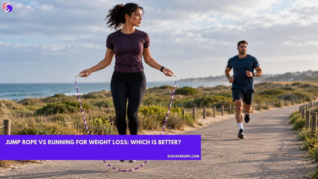 Woman using a jump rope while a man runs on a coastal path, comparing jump rope vs running for weight loss