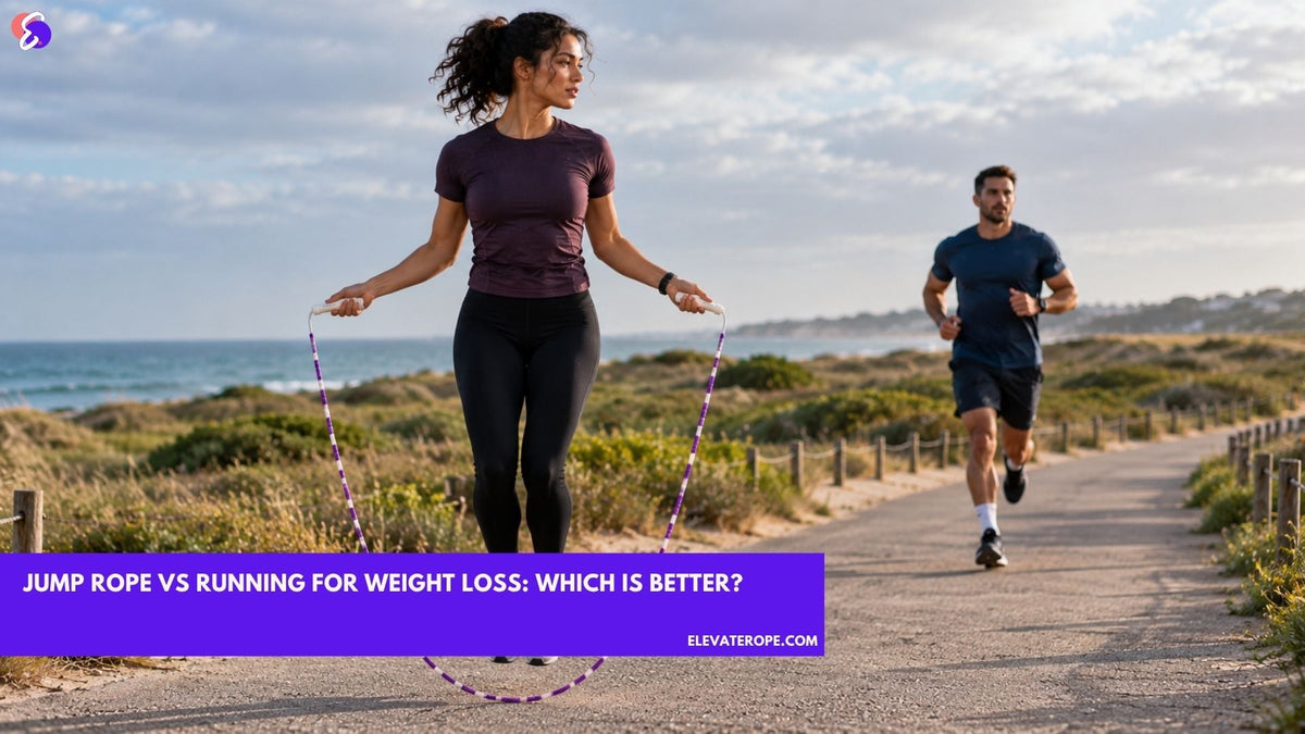 Woman using a jump rope while a man runs on a coastal path, comparing jump rope vs running for weight loss
