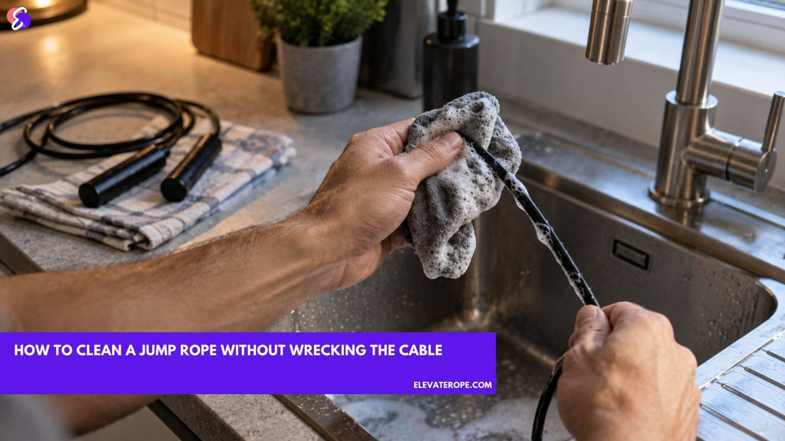 Two hands wiping a black PVC jump rope cable with a soapy cloth over a kitchen sink, with the handles resting dry on a towel nearby.