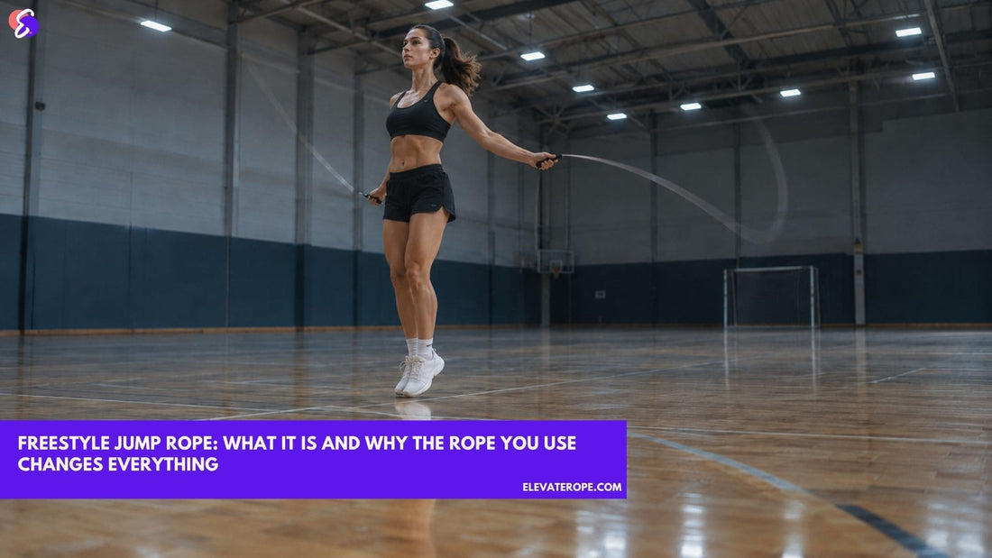 A jumper mid-sequence in an empty sports hall, rope sweeping out to one side as a long blurred arc across a polished wood floor.