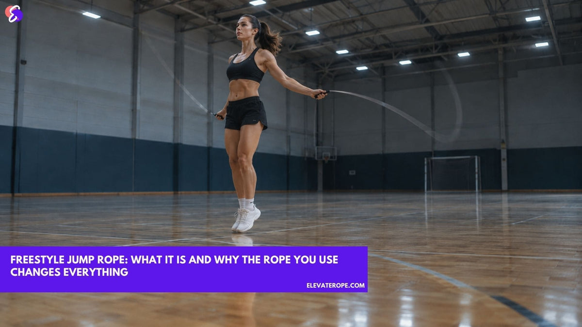 A jumper mid-sequence in an empty sports hall, rope sweeping out to one side as a long blurred arc across a polished wood floor.
