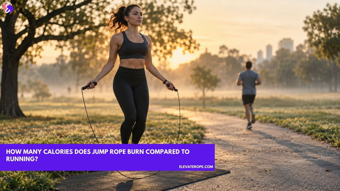 Jump rope vs running outdoors at sunrise: a woman mid-jump with a speed rope beside a park path as a runner passes