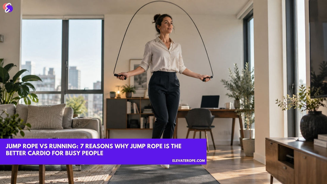 Cardio for busy people: a woman in office clothes jumps rope on a mat in her living room during a short work break