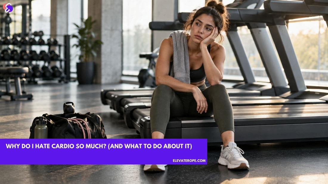 Tired woman taking a break beside a treadmill because she hates cardio