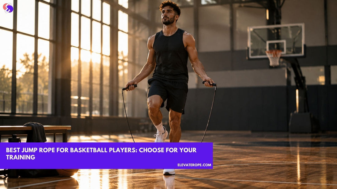 Basketball player practicing jump rope footwork on an indoor basketball court